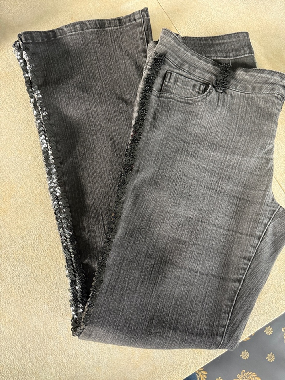 Cache Gray Sequin-Trim Wide Leg Jeans